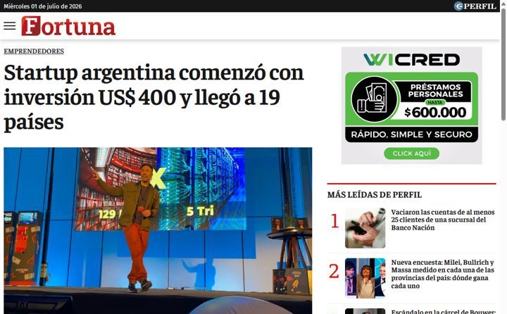 Nota en Fortuna: Startup argentina comenzó con inversión US$ 400 y llegó a 19 países